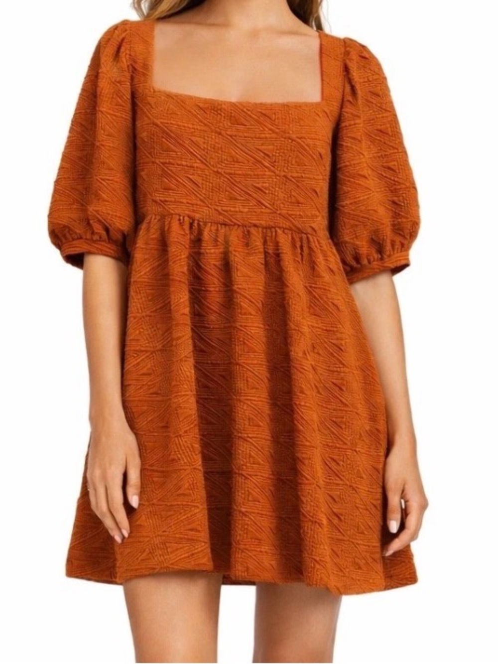 Free People Mini Boho Orange Textured Puff Sleeve Tie Back Dress Size S